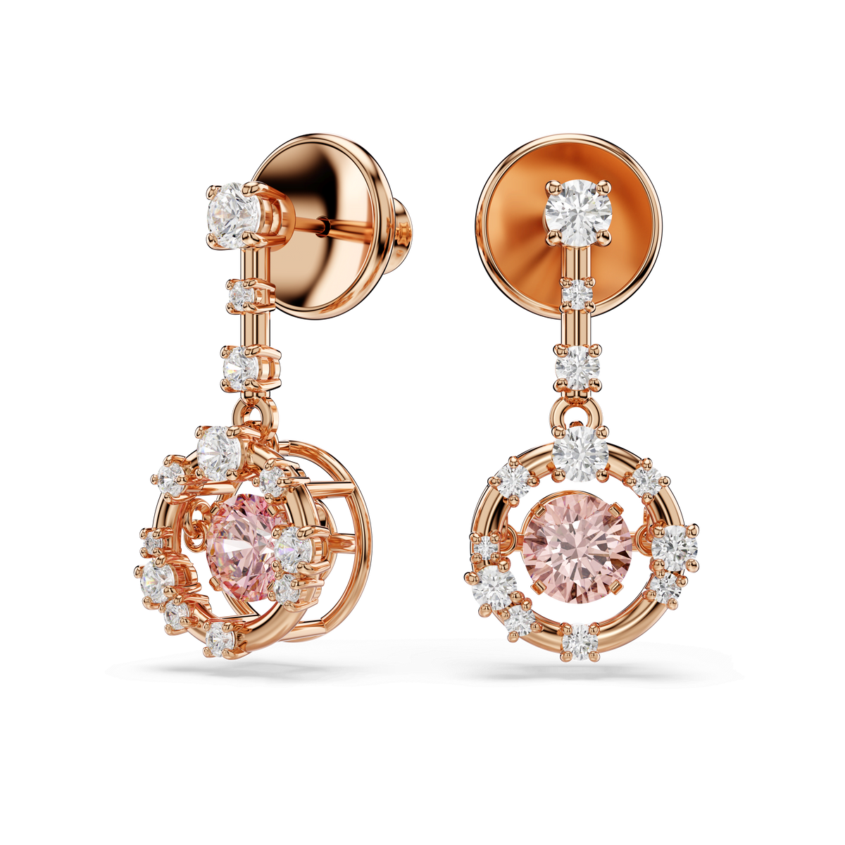Constella drop earrings, Round cut, Dancing stone, Pink, 18K rose gold finish