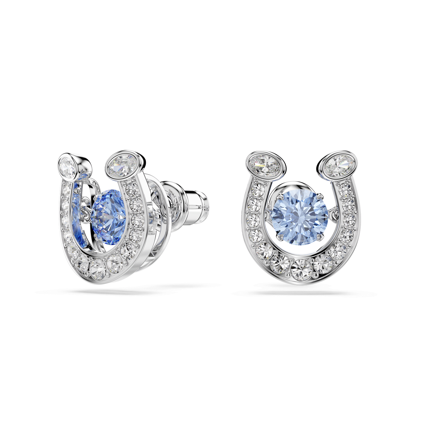 Symbolica stud earrings, Round cut, Pavé, Horse shoe, Blue, Rhodium plated 5746563