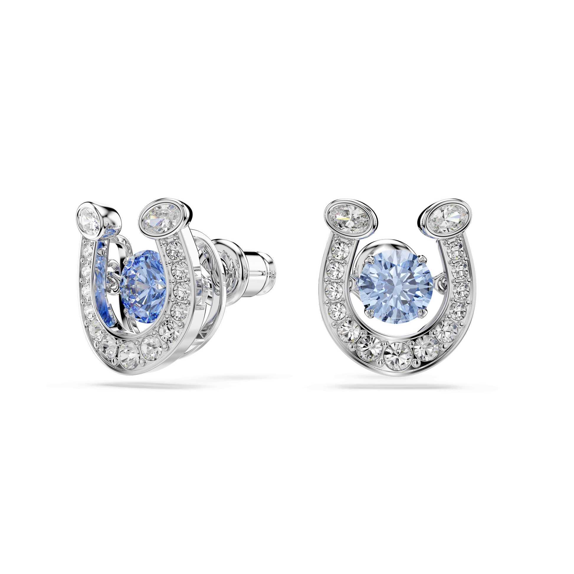 Symbolica stud earrings, Round cut, Pavé, Horse shoe, Blue, Rhodium plated 5746563