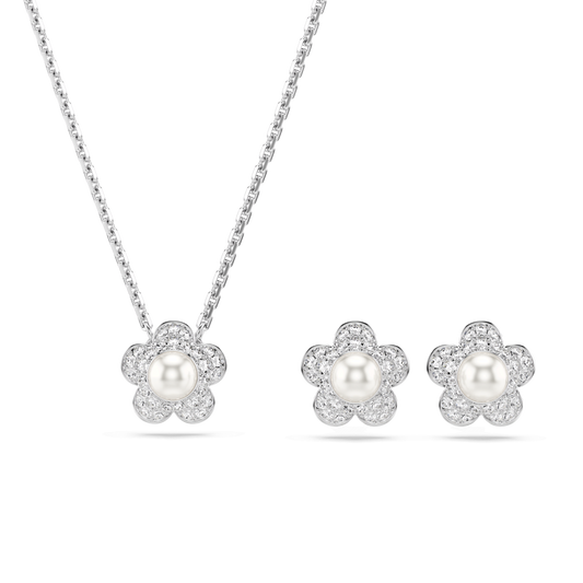 Ariana Grande x Swarovski set, Crystal pearl, Round cut, Flower, White, Rhodium plated 5749180