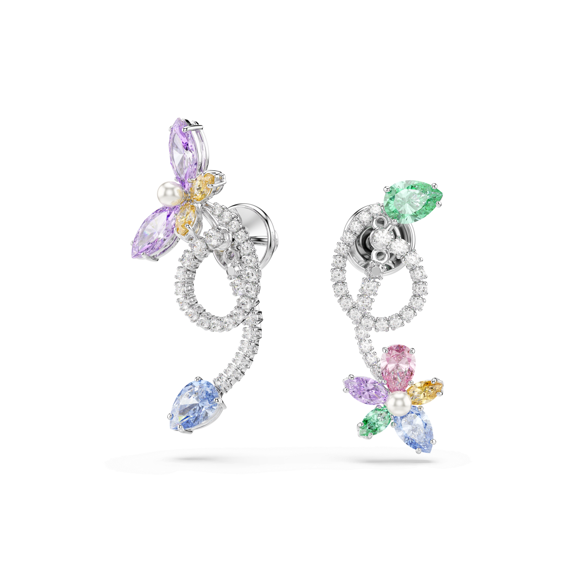 Ariana Grande x Swarovski drop earrings with ear jacket, Mixed cuts, Dragonfly, Flower, Multicolored, Rhodium plated 5749190