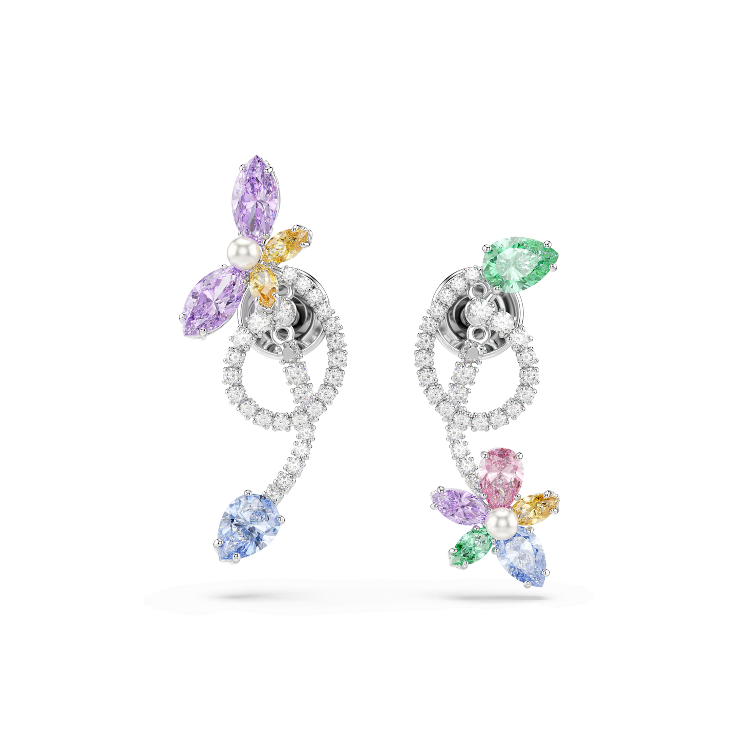 Ariana Grande x Swarovski drop earrings with ear jacket, Mixed cuts, Dragonfly, Flower, Multicolored, Rhodium plated 5749190