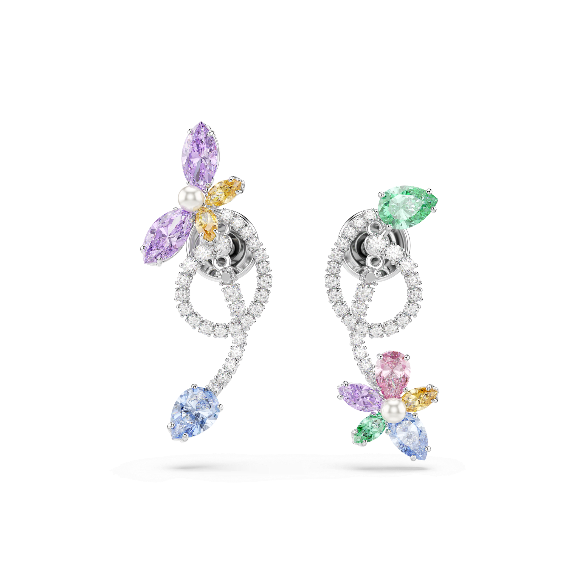 Ariana Grande x Swarovski drop earrings with ear jacket, Mixed cuts, Dragonfly, Flower, Multicolored, Rhodium plated 5749190