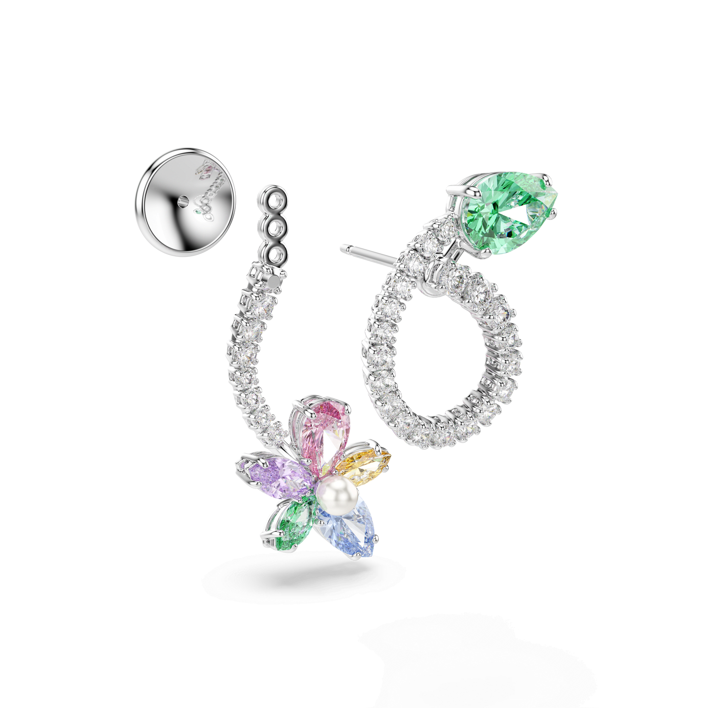 Ariana Grande x Swarovski drop earrings with ear jacket, Mixed cuts, Dragonfly, Flower, Multicolored, Rhodium plated 5749190