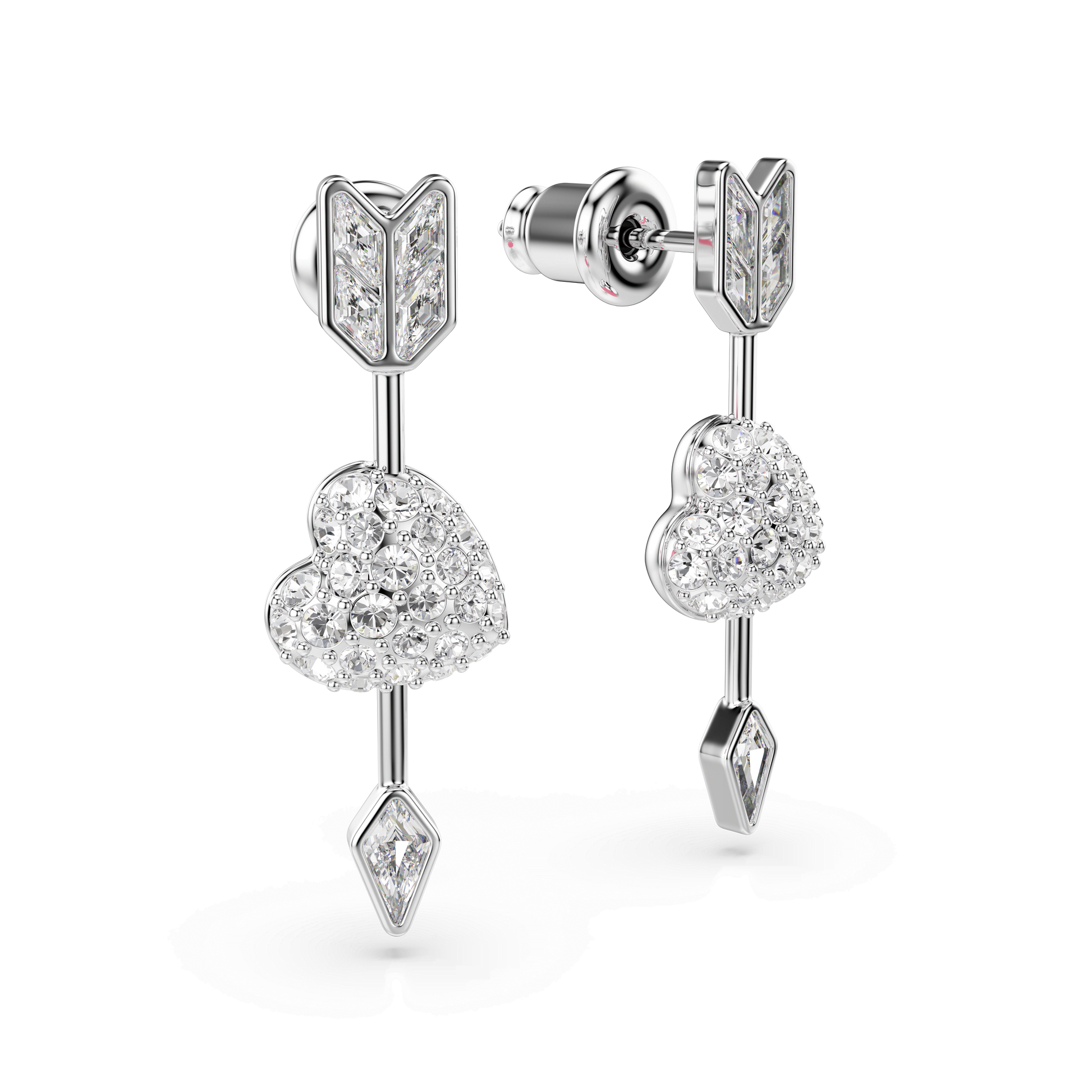 Idyllia drop earrings, Mixed cuts, Heart with arrow, White, Rhodium plated 5749602