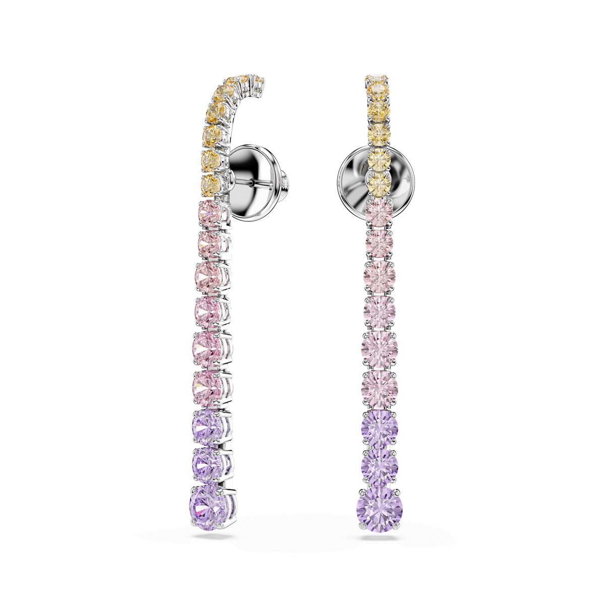 Matrix drop earrings, Gradient of round cuts, Multicolored, Rhodium plated