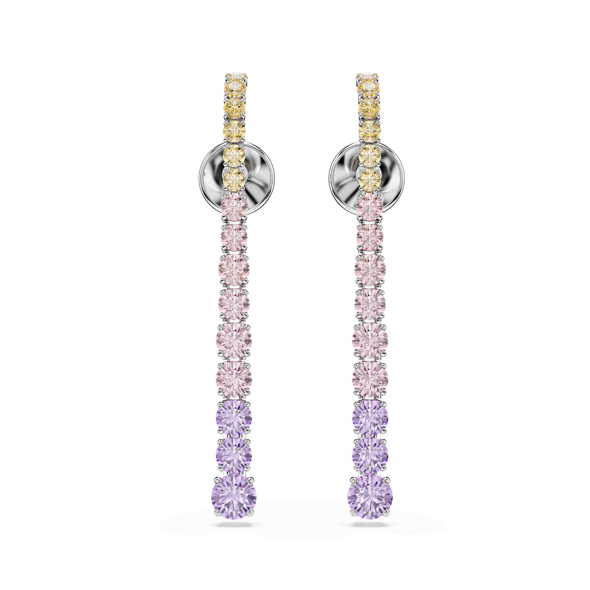 Matrix drop earrings, Gradient of round cuts, Multicolored, Rhodium plated