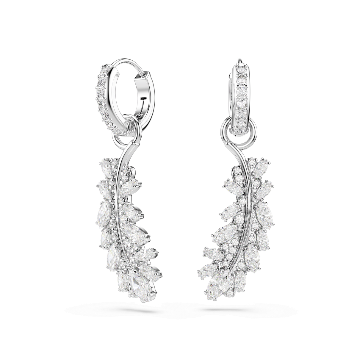 Vienna earrings, Mixed cuts, Feather, White, Rhodium plated