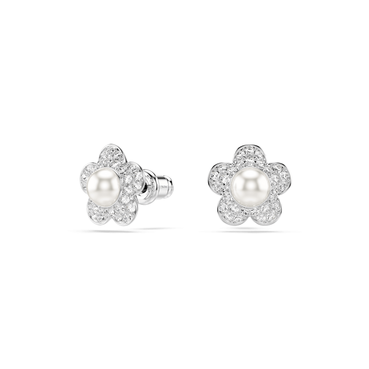 Ariana Grande x Swarovski stud earrings, Crystal Pearl, Round cut, Flower, White, Rhodium plated