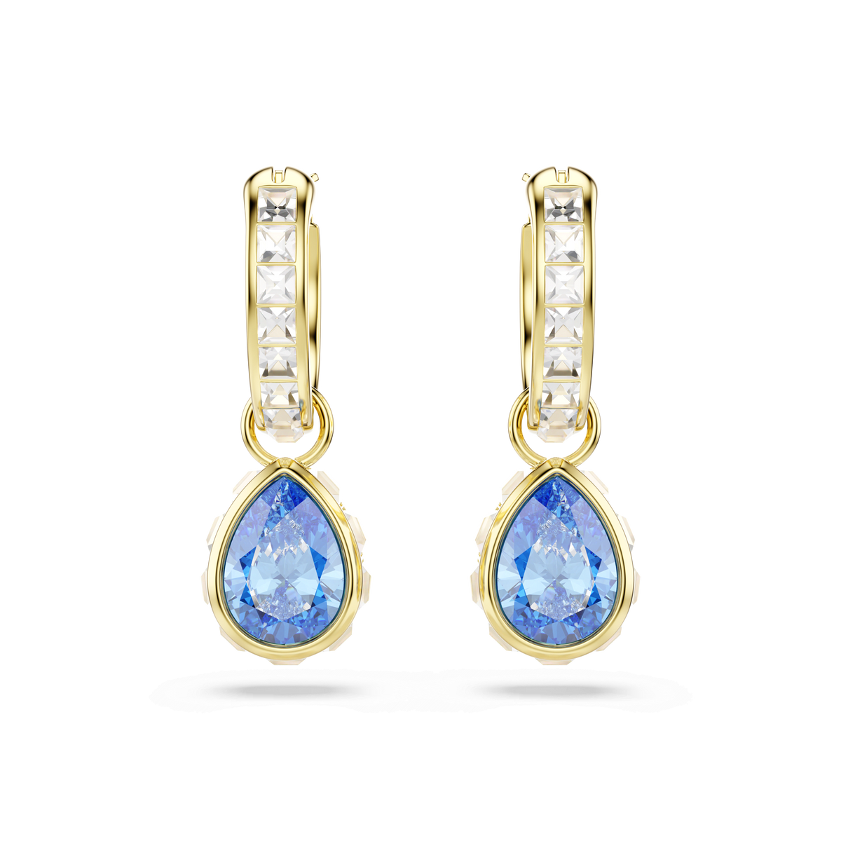 Chroma drop earrings, Pear cut, Blue, 18K gold finish