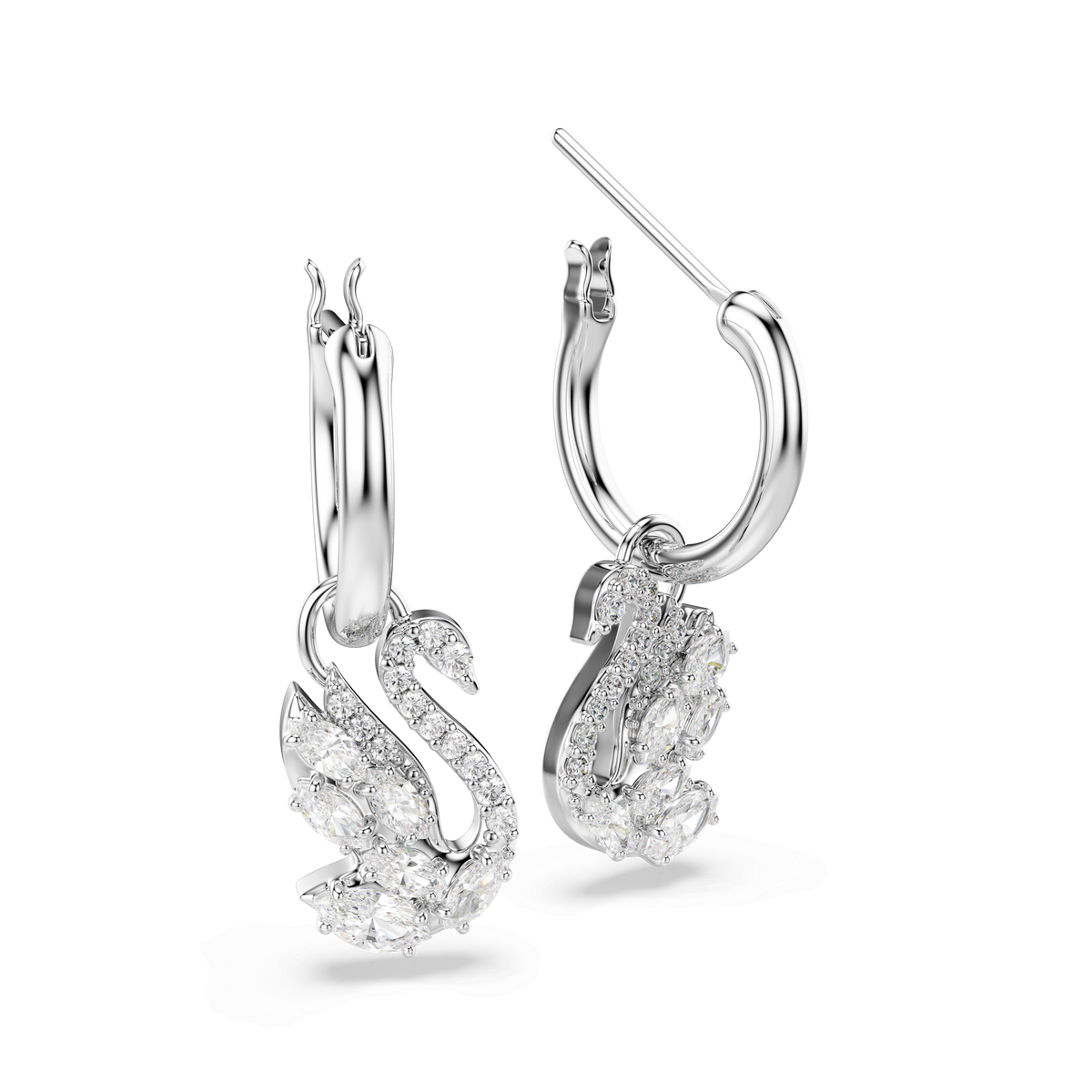 Swan drop earrings, Mixed cuts, Swan, White, Rhodium plated