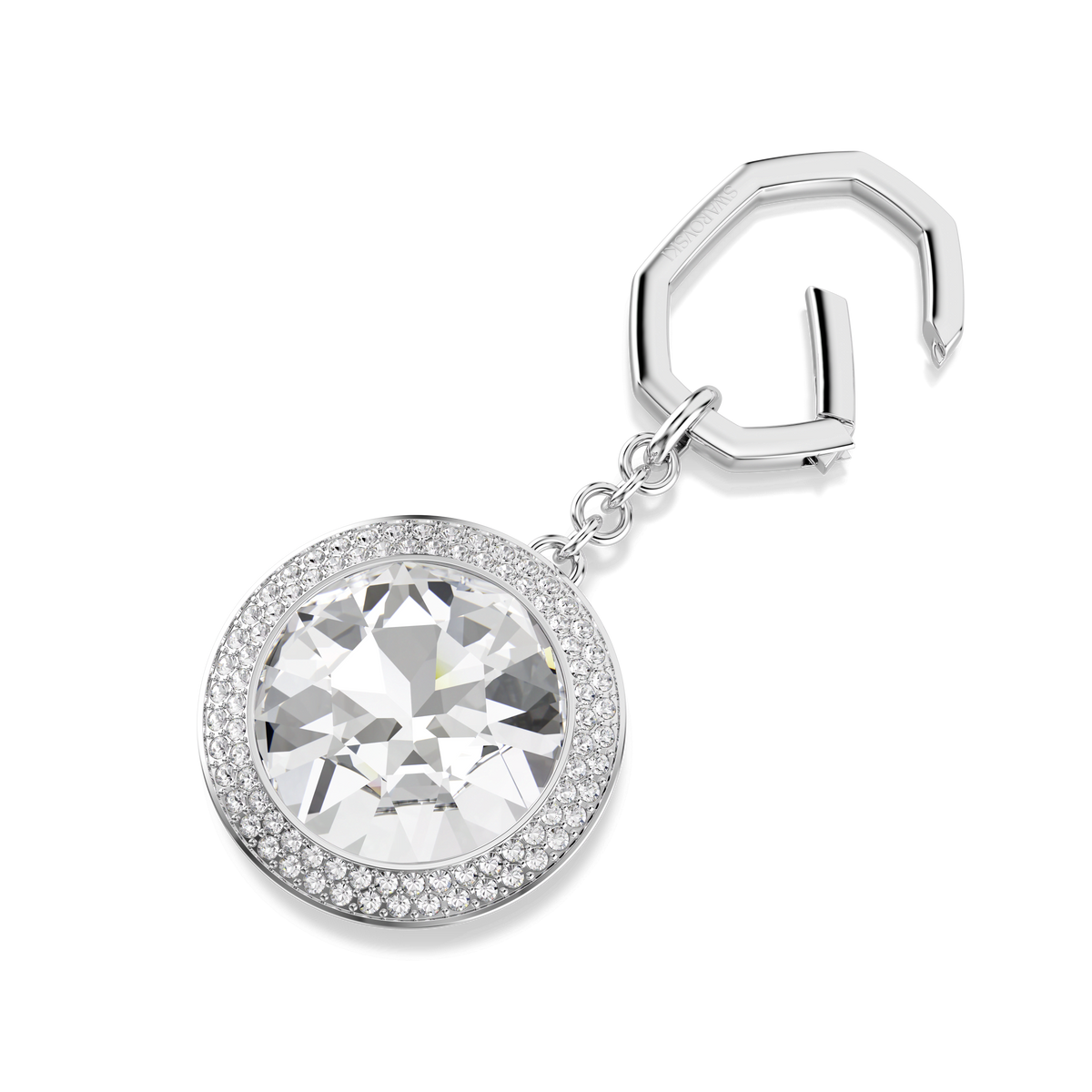 Bag charm, Round cut, White, Rhodium plated