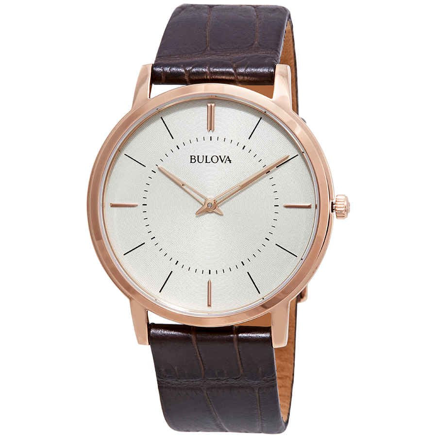 Men's Classic Warm Grey Dial Rose Gold Plated Steel Brown Leather Strap Ultra-Slim Watch 97A126