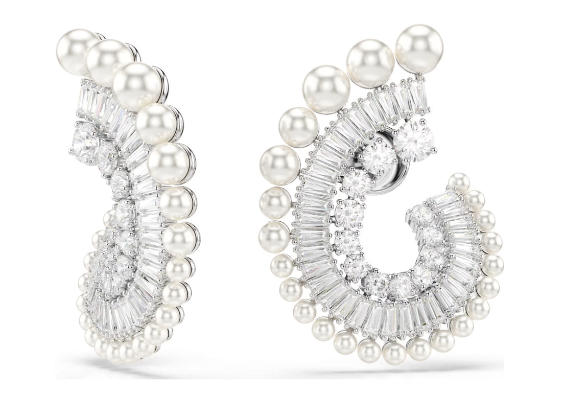 Ariana Grande x Swarovski drop earrings Crystal Pearl, Mixed cuts, White, Rhodium plated