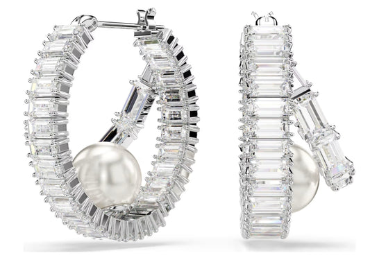 Ariana Grande x Swarovski hoop earrings Crystal pearl, Baguette cut, White, Rhodium plated