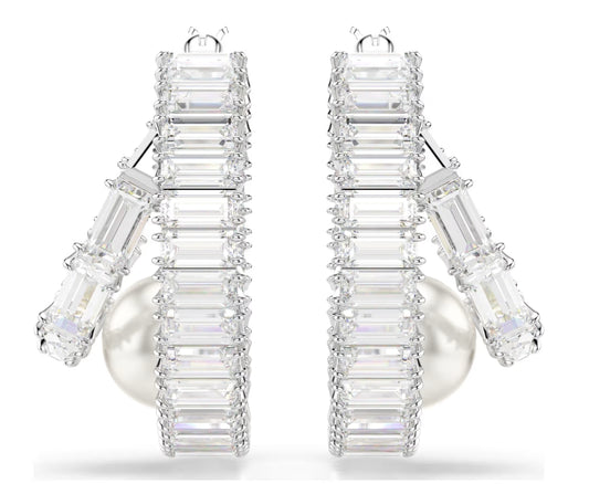 Ariana Grande x Swarovski hoop earrings Crystal pearl, Baguette cut, White, Rhodium plated