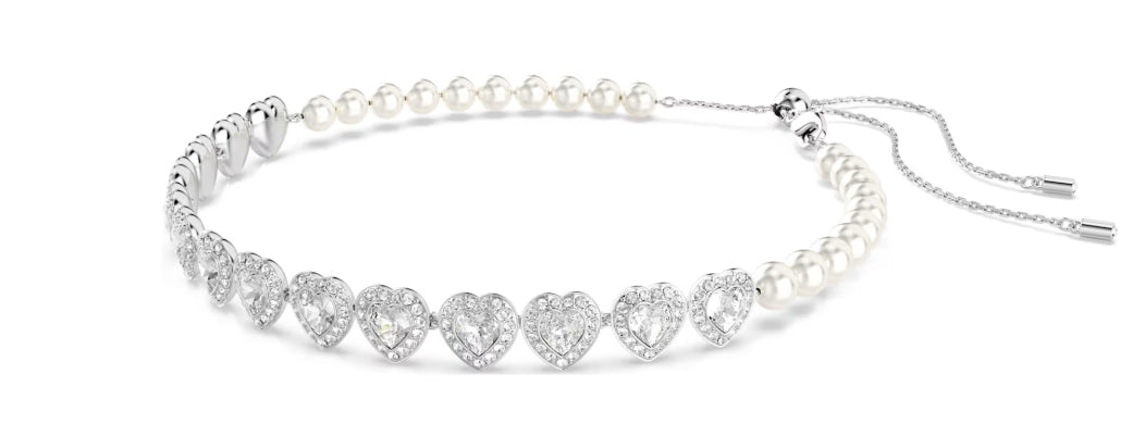 Ariana Grande x Swarovski Tennis choker Mixed cuts, Crystal pearl, Heart, White, Rhodium plated