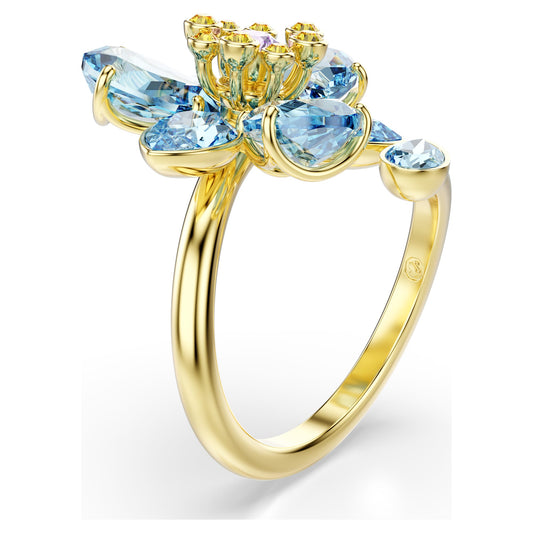 Idyllia open ring Mixed cuts, Flower, Blue, 18K gold finish
