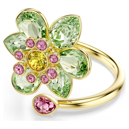 Idyllia open ring Mixed cuts, Flower, Green, 18K gold finish