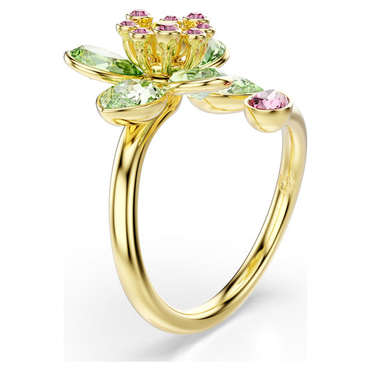 Idyllia open ring Mixed cuts, Flower, Green, 18K gold finish