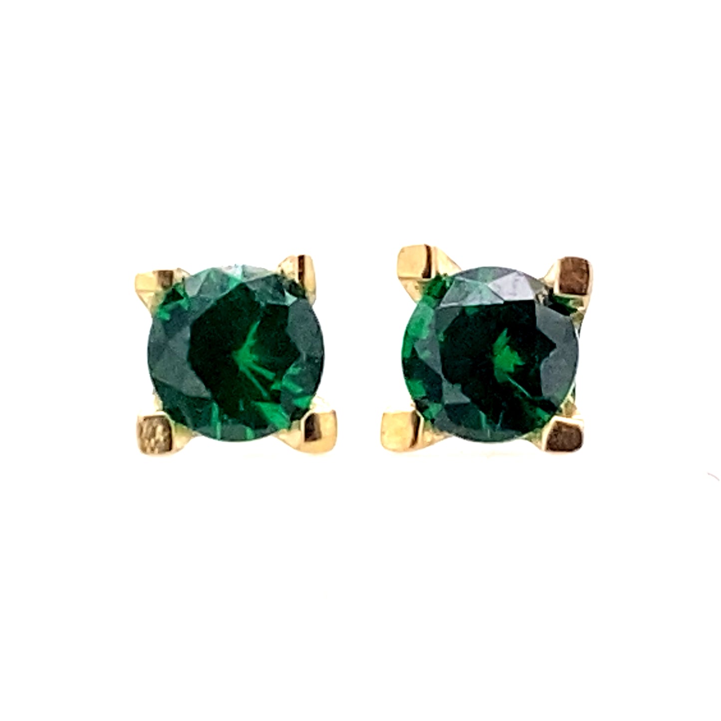 Green colored 14 karat yellow gold pushback earrings