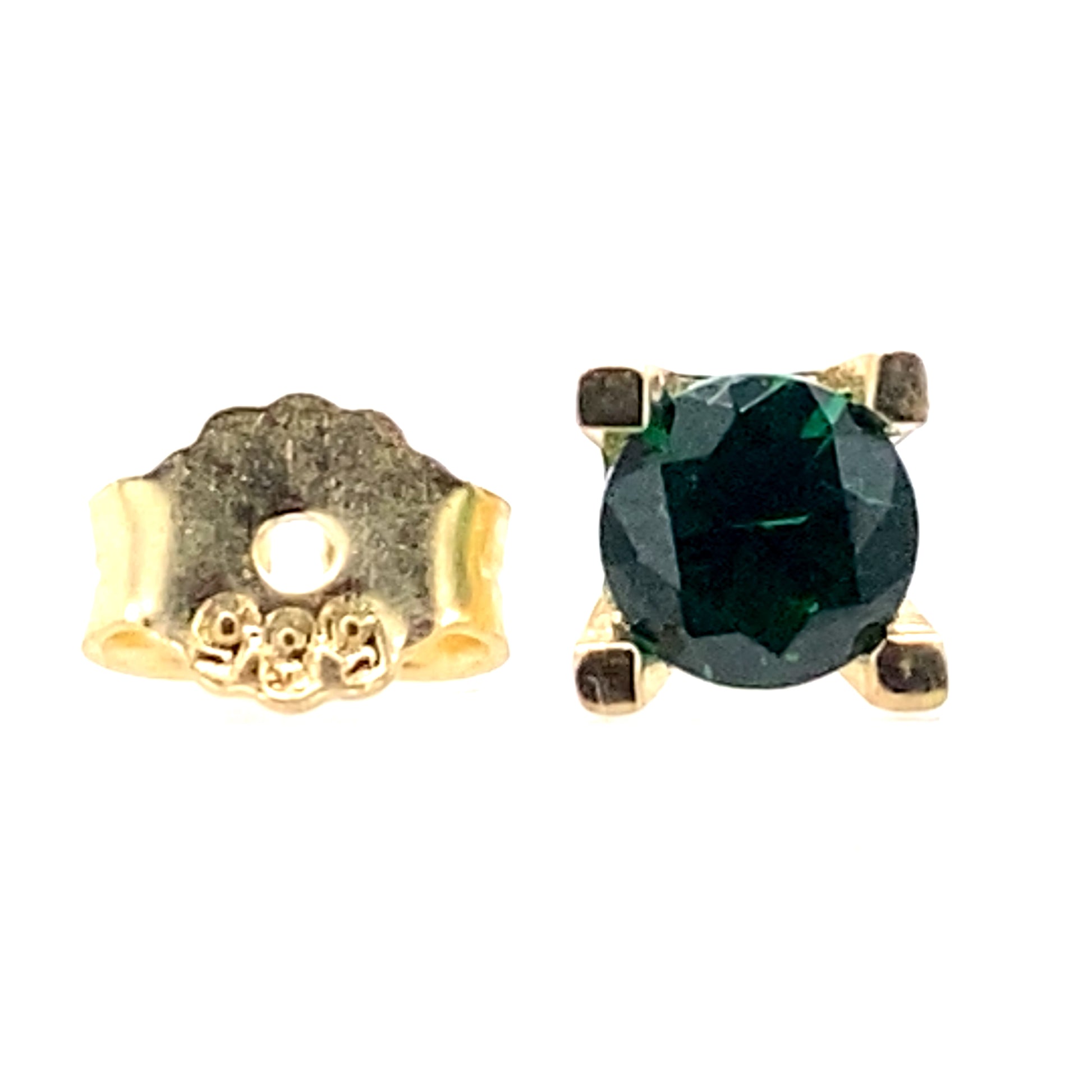 Green colored 14 karat yellow gold pushback earrings view of the front and pushback 