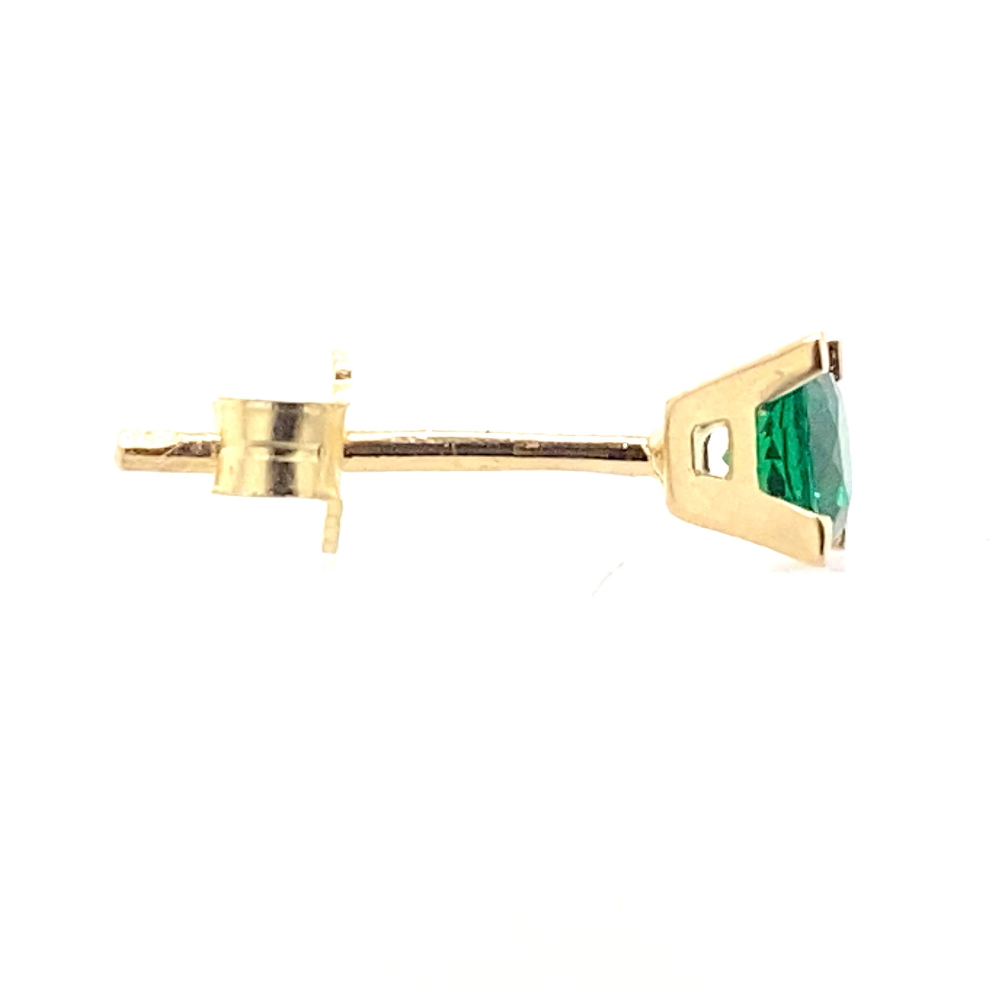 Green colored 14 karat yellow gold pushback earrings sideview