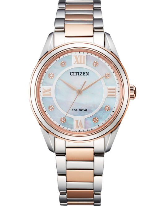 Citizen watch model EM0876-51D is a womens two tone rose gold and silver color strap with a pearl face and roman numerals