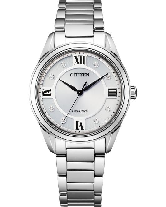 Citizen watch model EM0870-58A ladies watch metal link strap three hand silver tone dial diamond accent  powered by light