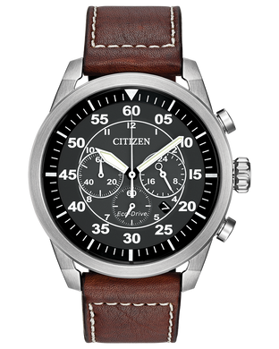 Citizen watch model CA4210-24E brown leather strap date counter chronograph and black dial