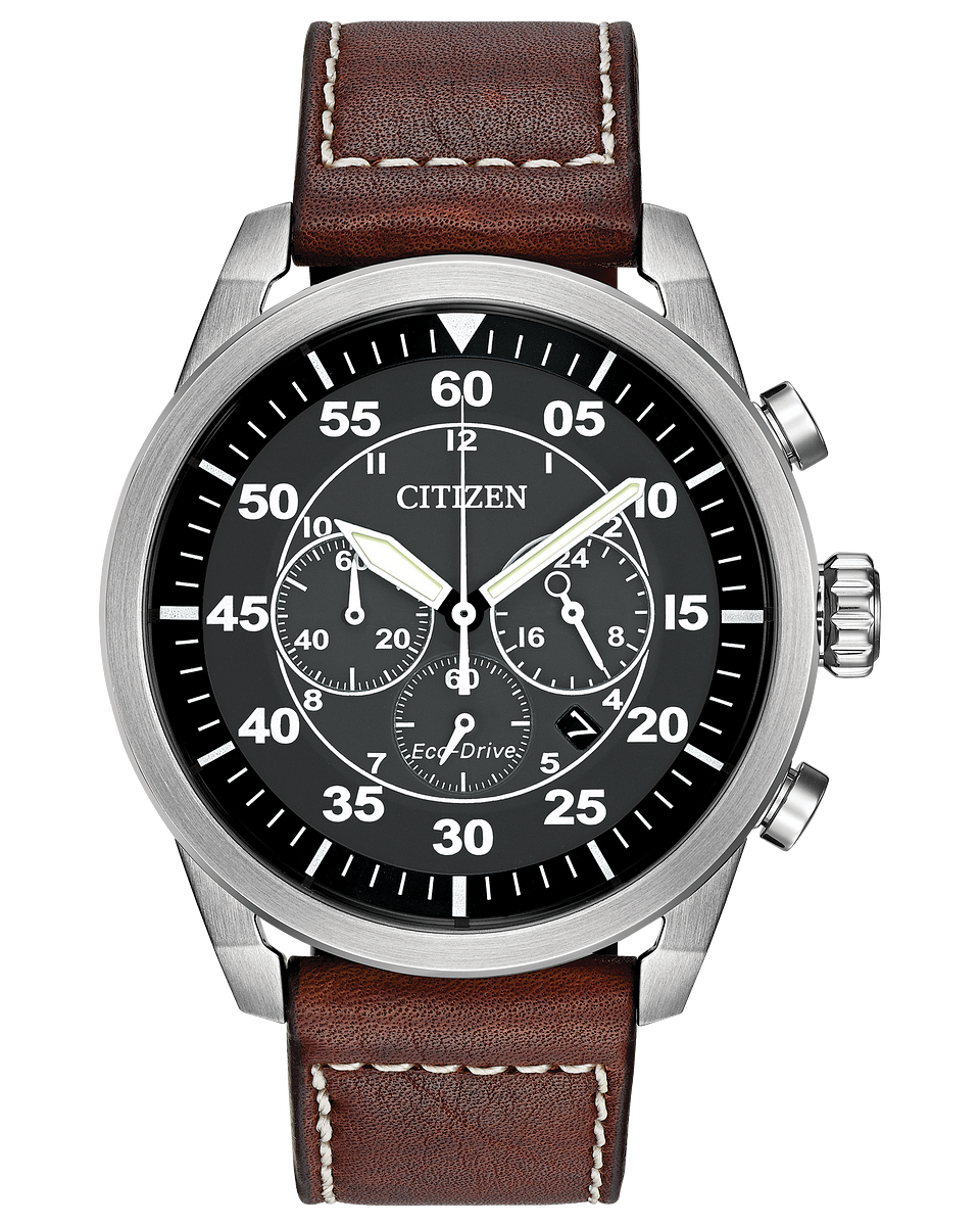 Citizen watch model CA4210-24E brown leather strap date counter chronograph and black dial