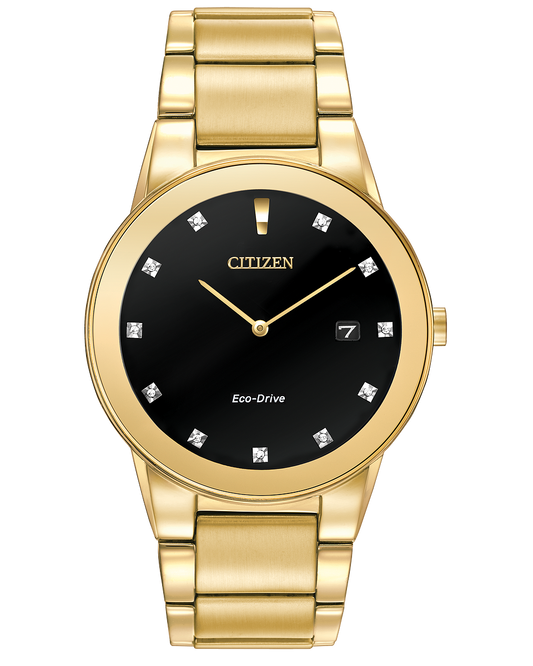 citizen watch model AU1062-56G has a gold tone stainless steel case and bracelet with a black dial eleven diamond dial and date powered by light no battery needed