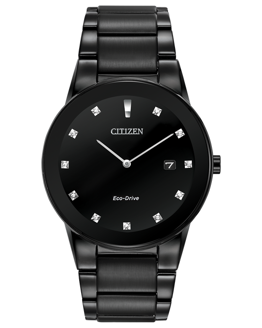 Citizen Watch AU1065-58G has a black stainless steel case with a black dial with a date tracker 