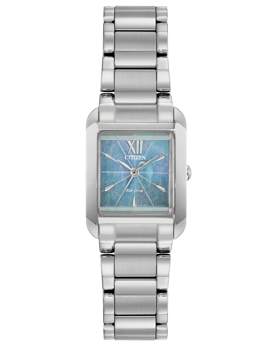 Citizen watch model EW5551-56N ladies model has a blue pearl dial in stainless steel