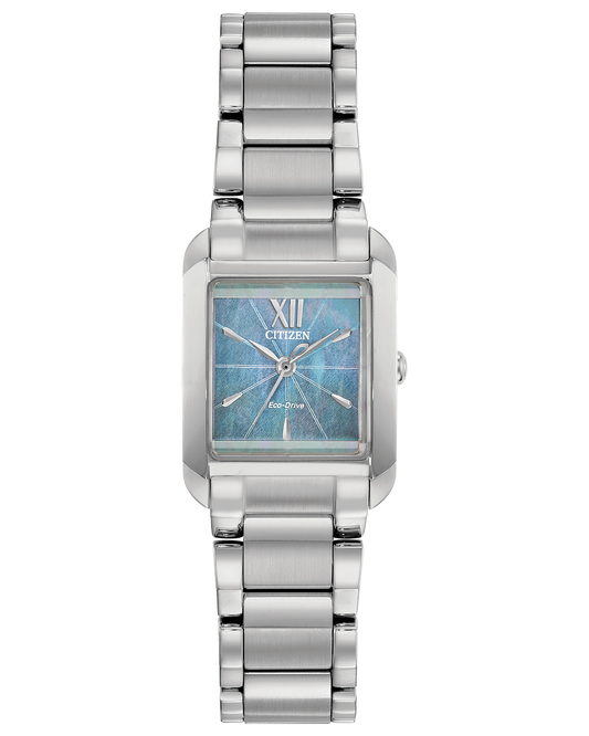 Citizen watch model EW5551-56N ladies model has a blue pearl dial in stainless steel