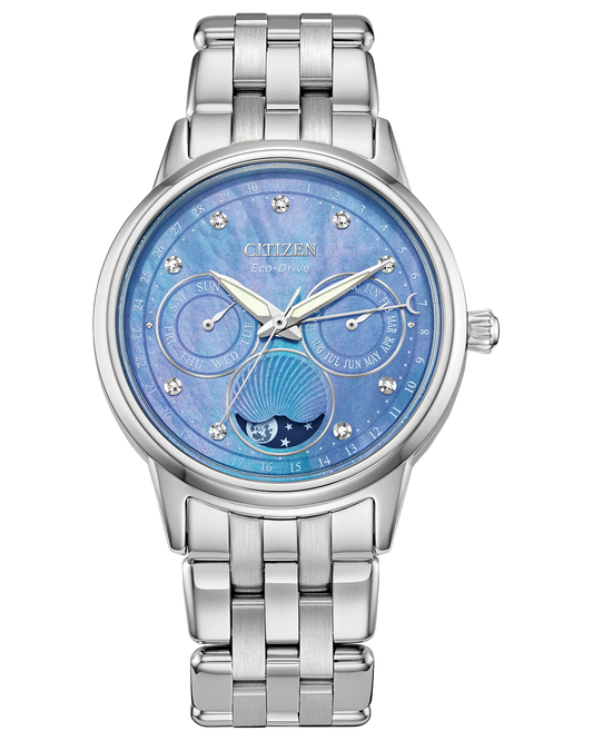 Citizen watch  stainless steel bracelet 37mm steel case blue three hand dial powered by light 