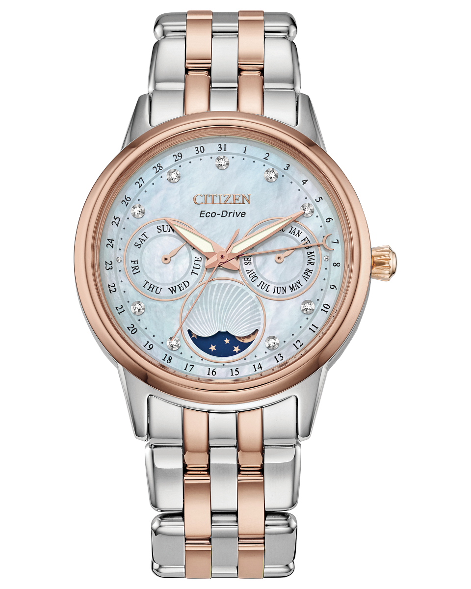 Citizen women's watch FD0006-56D pink gold stainless steel bracelet with pink gold case pearl dial three hand set light powered 