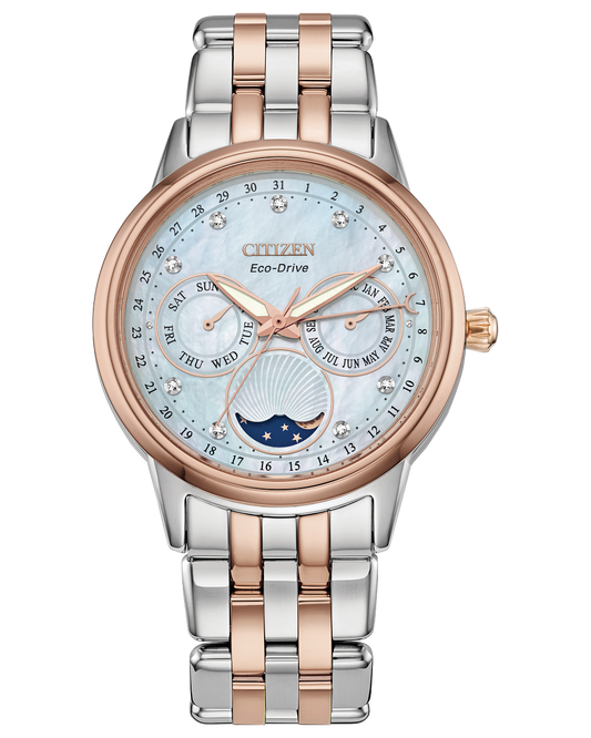 Citizen women's watch FD0006-56D pink gold stainless steel bracelet with pink gold case pearl dial three hand set light powered 