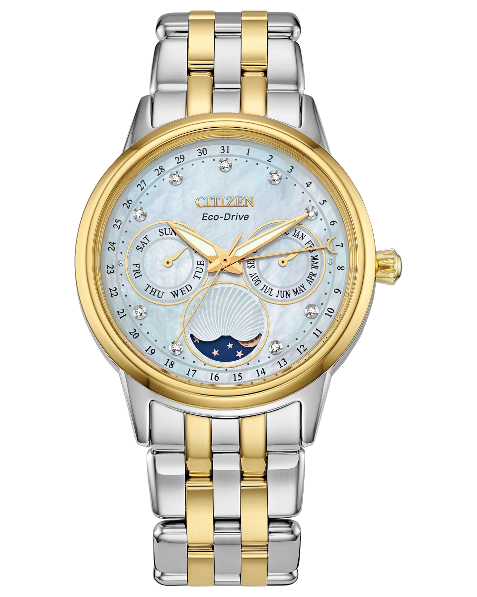 Citizen ladies watch FD0004-51D two tone steel mother of pearl three hand dial  bracelet moon month and day  tracker 