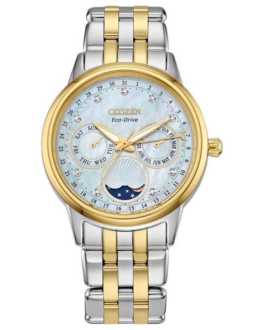 Citizen ladies watch FD0004-51D two tone steel mother of pearl three hand dial  bracelet moon month and day  tracker 