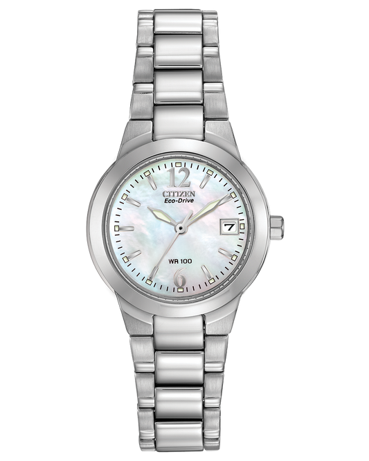  The Citizen EW1670-59D ladies watch has a mother of peal dial date tracker and stainless steel bracelet 