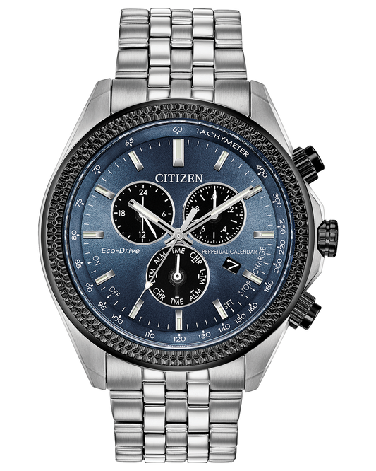 Citizen BL5568-54L  has a calendar chronograph stainless steel bracelet blue and grey dial powered by light