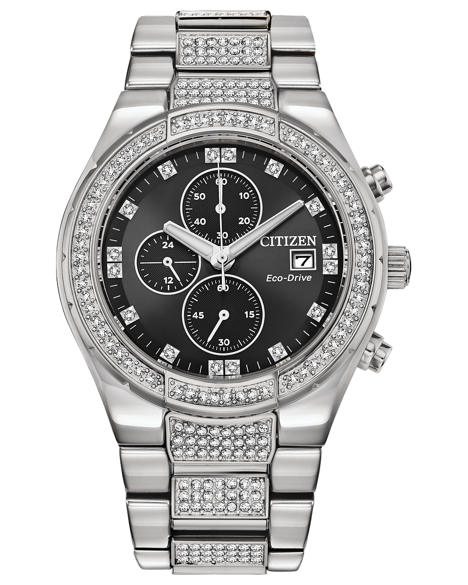 Citizen watch decorated in crystal on the stainless steel band and bezel. Chronograph black dial with crystal along with day date tracker. Model CA0750-53E