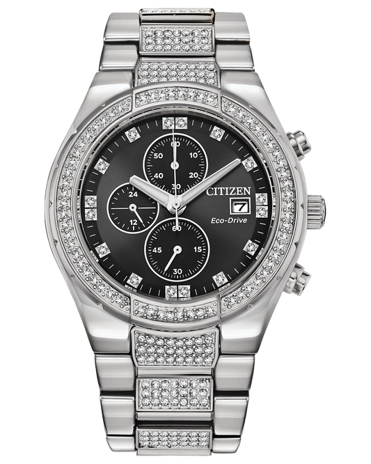 Citizen watch decorated in crystal on the stainless steel band and bezel. Chronograph black dial with crystal along with day date tracker. Model CA0750-53E