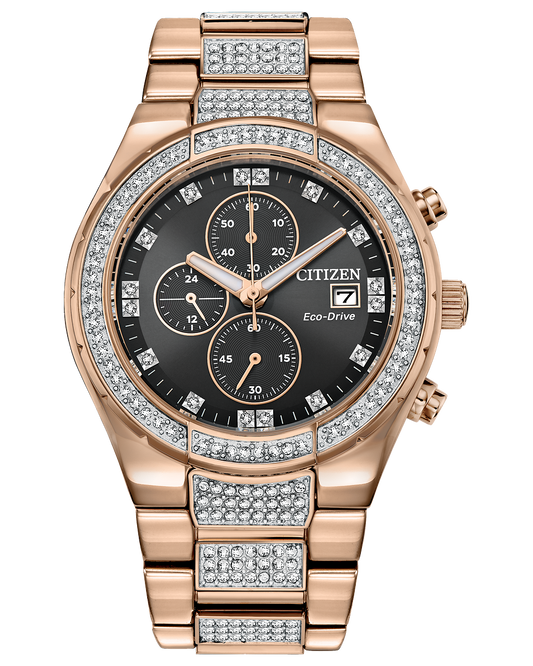 Mens rose gold crystal citizen watch with chronograph day date tracker and black dial. Model CA0753-55E