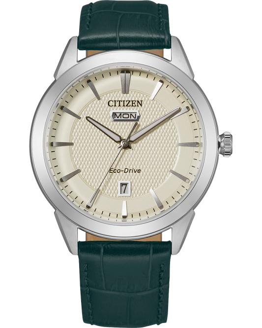 Citizen watch with a 40mm stainless steel case and ivory dial with day date tracker and green leather band, model AW0090-11Z