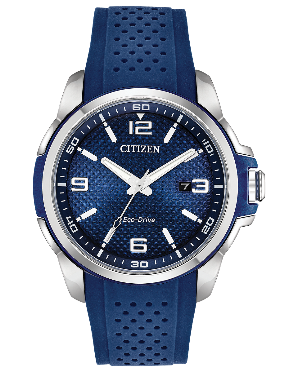 Citizen watch polyurethane blue strap stainless steel case with midnight blue chroma. Dark blue dial with date Eco-Drive  model AW1158-05L