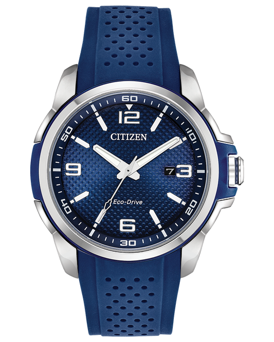 Citizen watch polyurethane blue strap stainless steel case with midnight blue chroma. Dark blue dial with date Eco-Drive  model AW1158-05L