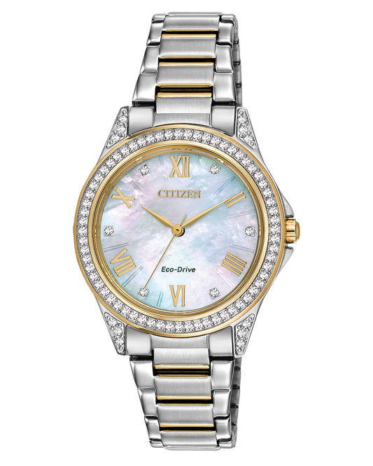 Citizen watch pink two tone stainless steel bracelet, mother of pearl color dial crystal case Eco-Drive. Model EM0234-59D