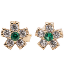 Load image into Gallery viewer, Green colored Cubic Zirconia pushback 14KT yellow gold earrings from the front 
